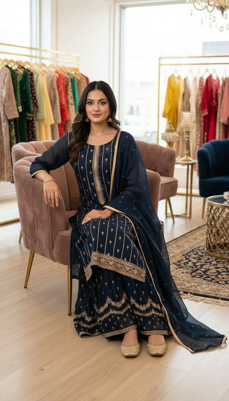 Pure Chinon Embroidered Sharara Semi Stitch Suit - Nevy Blue D / HC001673 view 5