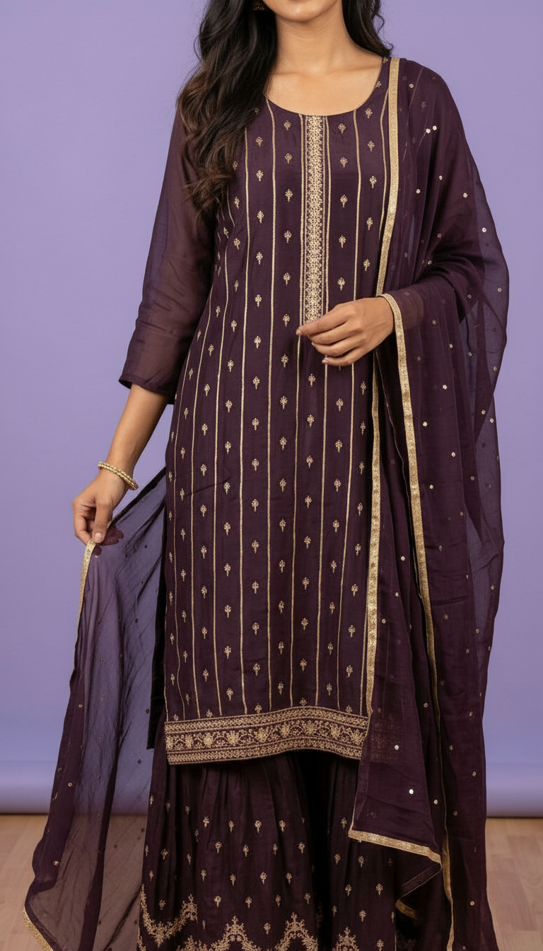 Embroidered Pure Chinon Sharara Semi Stitch Suit - Wine A-11 / HC001673 view 4