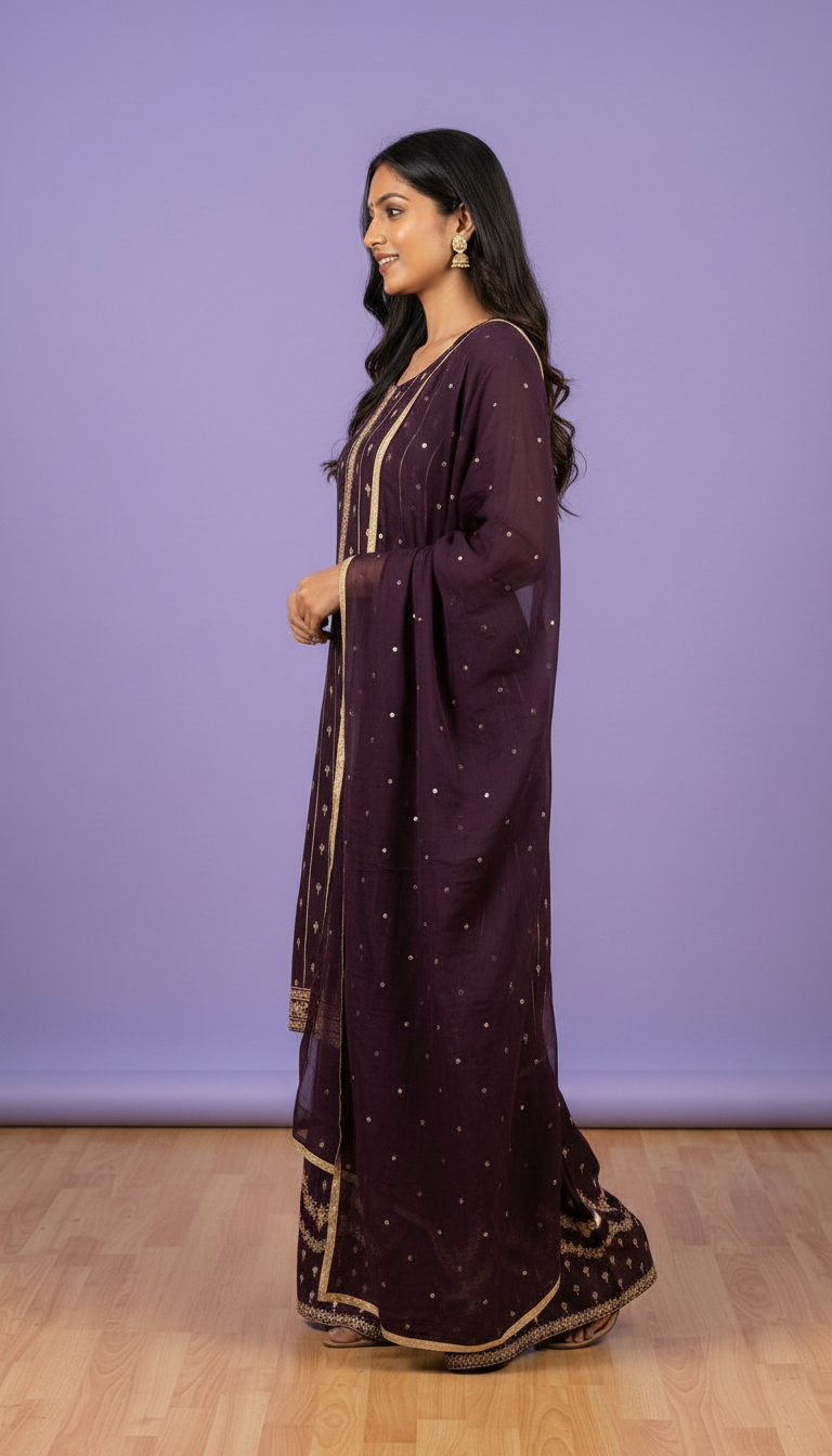 Embroidered Pure Chinon Sharara Semi Stitch Suit - Wine A-11 / HC001673 view 2