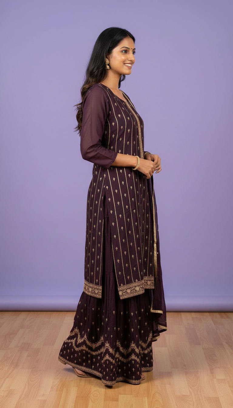 Embroidered Pure Chinon Sharara Semi Stitch Suit - Wine A-11 / HC001673 view 3