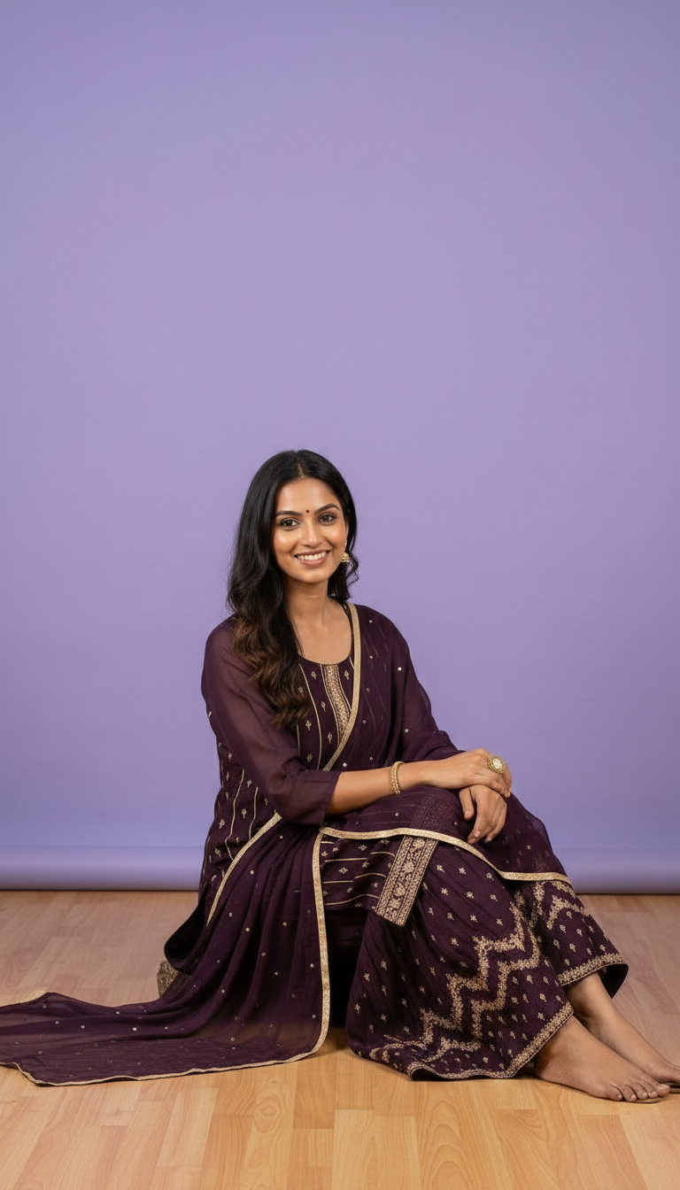 Embroidered Pure Chinon Sharara Semi Stitch Suit - Wine A-11 / HC001673 view 5