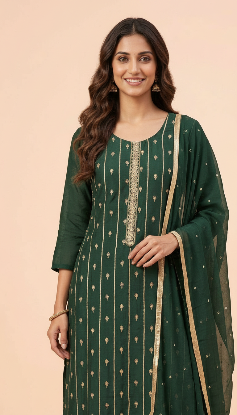 Pure Chinon Embroidered Sharara Semi Stitch Suit Green - C / HC001673 view 3