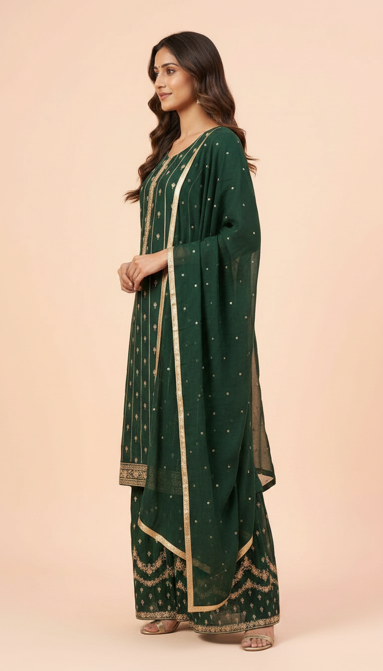 Pure Chinon Embroidered Sharara Semi Stitch Suit Green - C / HC001673 view 2