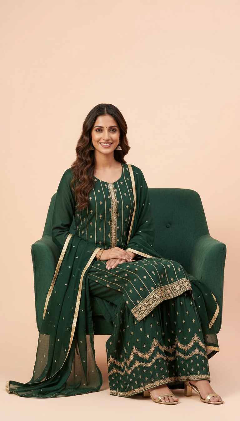 Pure Chinon Embroidered Sharara Semi Stitch Suit Green - C / HC001673 view 4