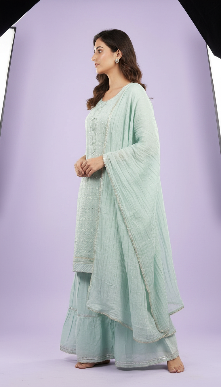 Semi Stitched Kasab Embroidery Sharara Semi Stitch Suit - Light Green B- 10 / HC001673 view 2