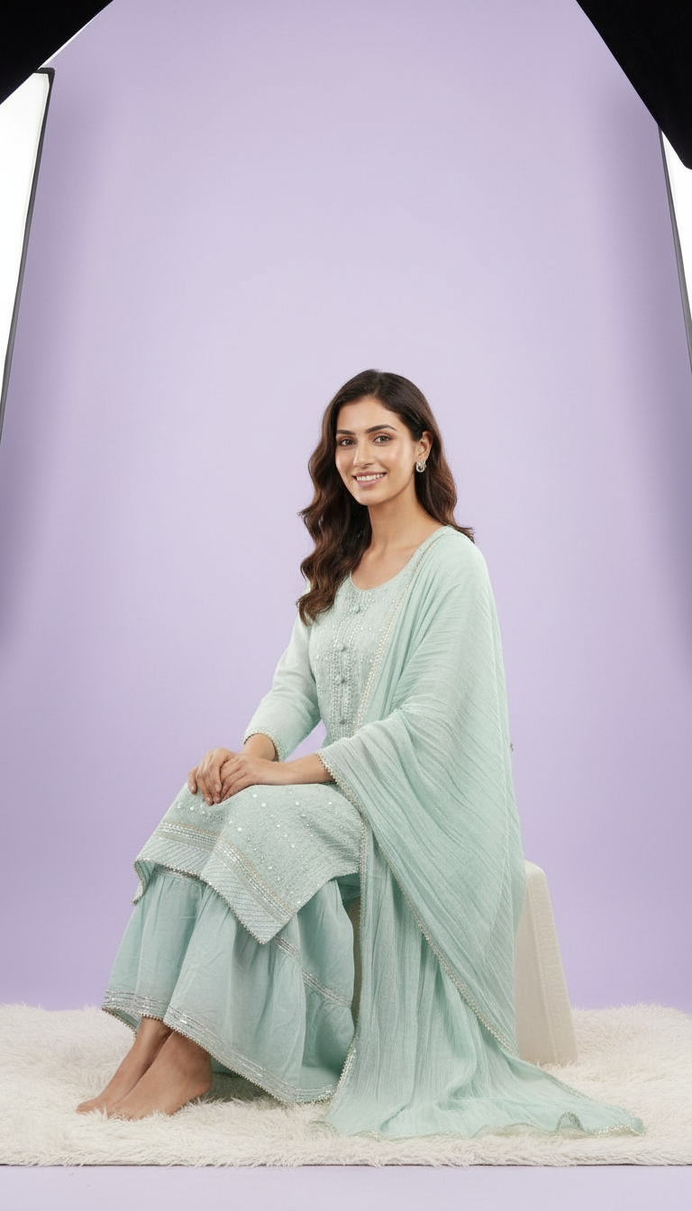 Semi Stitched Kasab Embroidery Sharara Semi Stitch Suit - Light Green B- 10 / HC001673 view 5