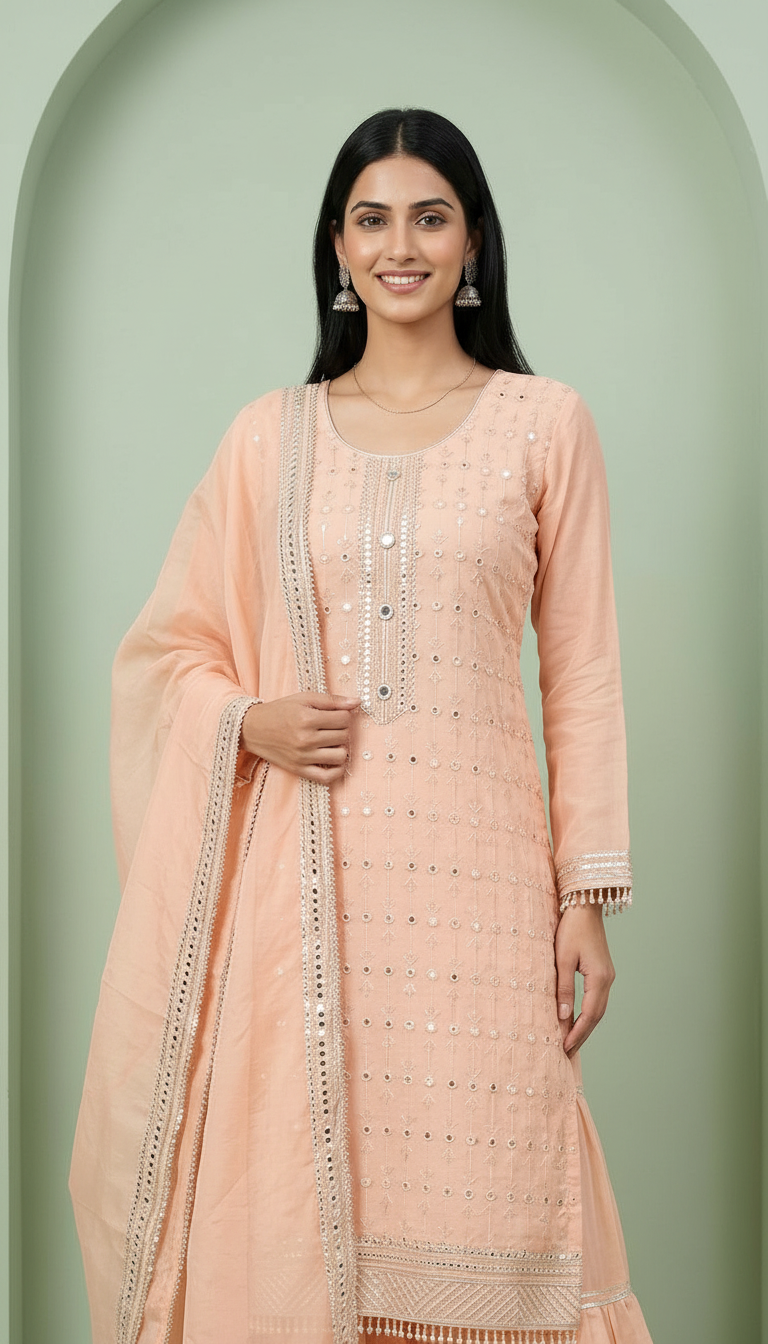 Semi Stitch Heavy Embroidered Chinon Sharara Semi Stitch Suit - Light Peech A -10 / HC001673 view 4