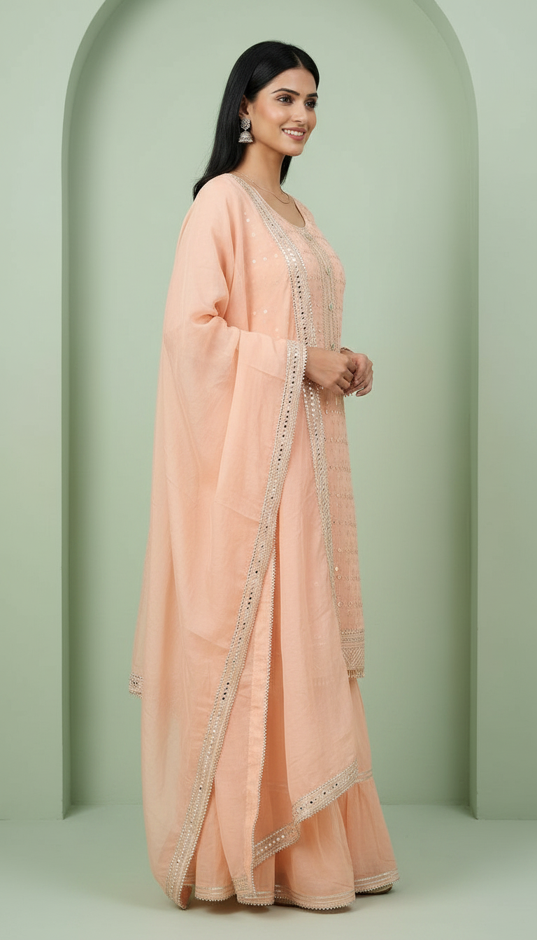 Semi Stitch Heavy Embroidered Chinon Sharara Semi Stitch Suit - Light Peech A -10 / HC001673 view 3