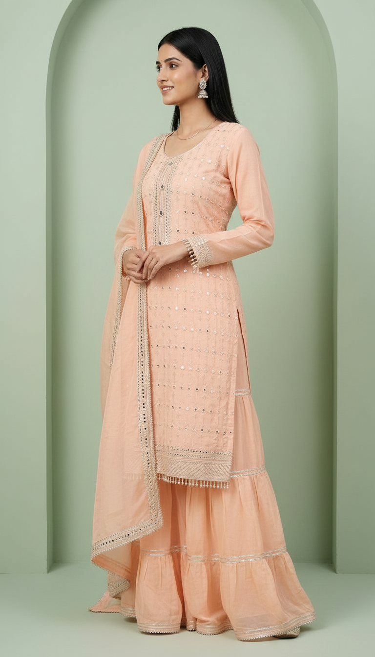 Semi Stitch Heavy Embroidered Chinon Sharara Semi Stitch Suit - Light Peech A -10 / HC001673 view 2