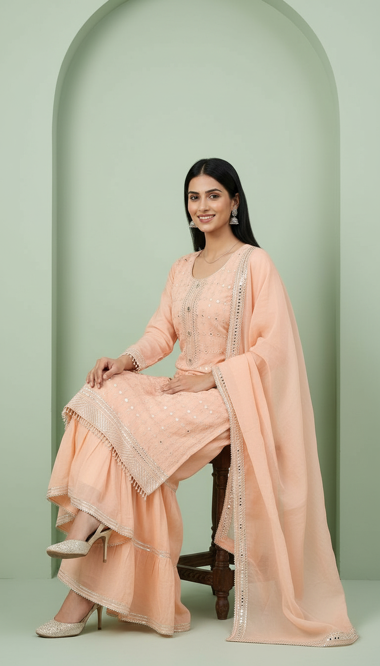 Semi Stitch Heavy Embroidered Chinon Sharara Semi Stitch Suit - Light Peech A -10 / HC001673 view 5