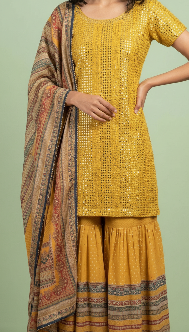 Printed Stitched Sharara Suit - 5305 / SD00108 view 4