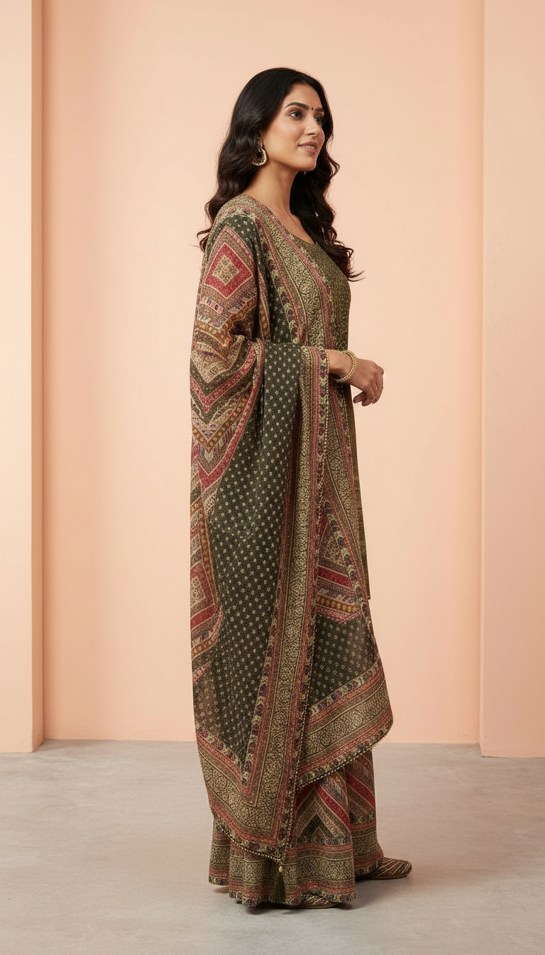 Printed Stitched Sharara Suit - 5306 / SD00108 view 3