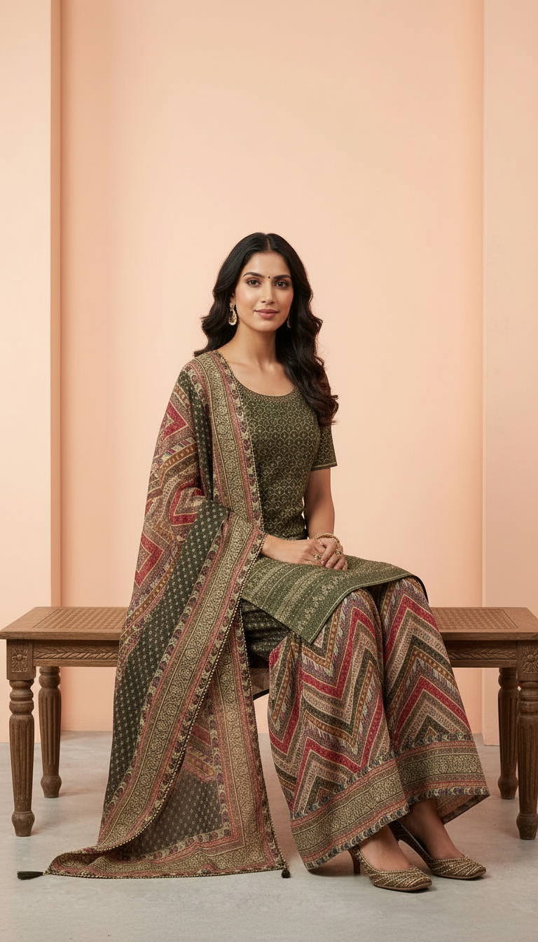 Printed Stitched Sharara Suit - 5306 / SD00108 view 5