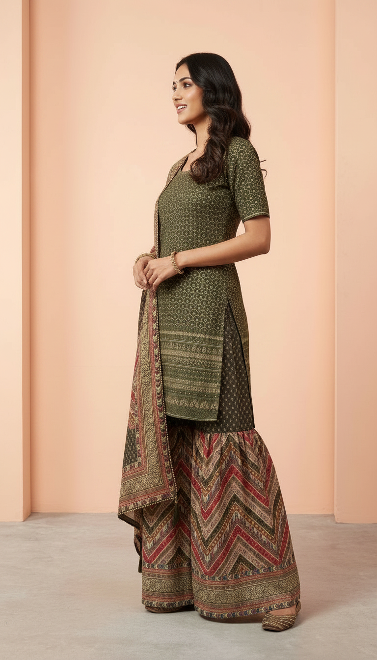 Printed Stitched Sharara Suit - 5306 / SD00108 view 2