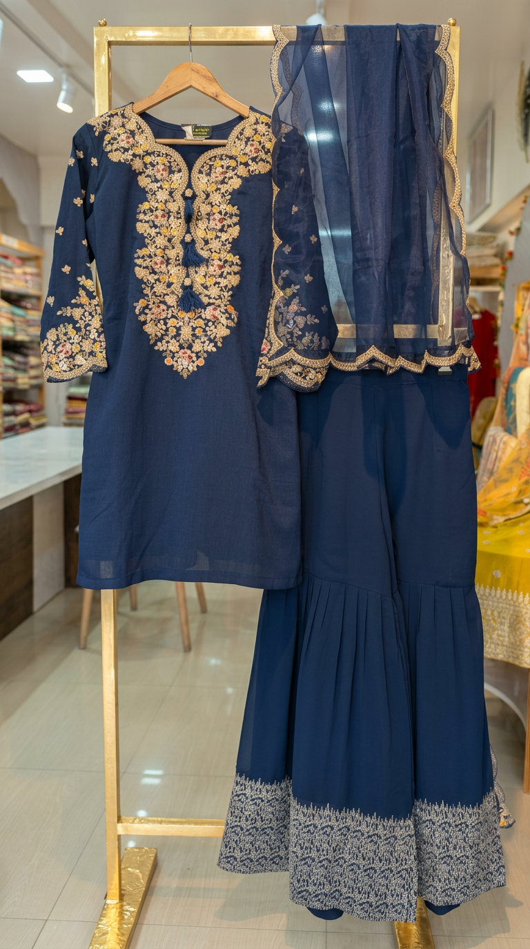 Partywear Embroidered Sharara Stitched Suit - Nevy Blue - 5596 / SD00121 view 6