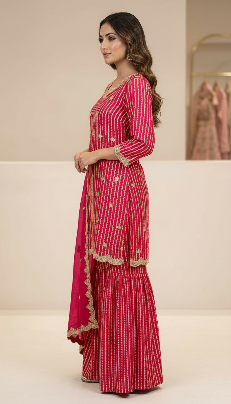 Stitched Golden Embroidery Chinon Silk Sharara Stitched Suit - 5441 / HC001264 view 3