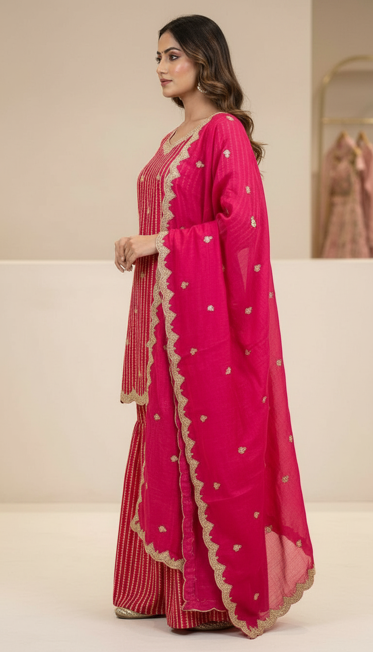 Stitched Golden Embroidery Chinon Silk Sharara Stitched Suit - 5441 / HC001264 view 2