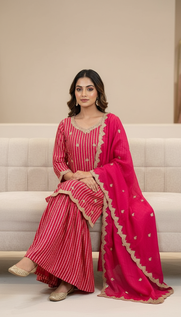 Stitched Golden Embroidery Chinon Silk Sharara Stitched Suit - 5441 / HC001264 view 5