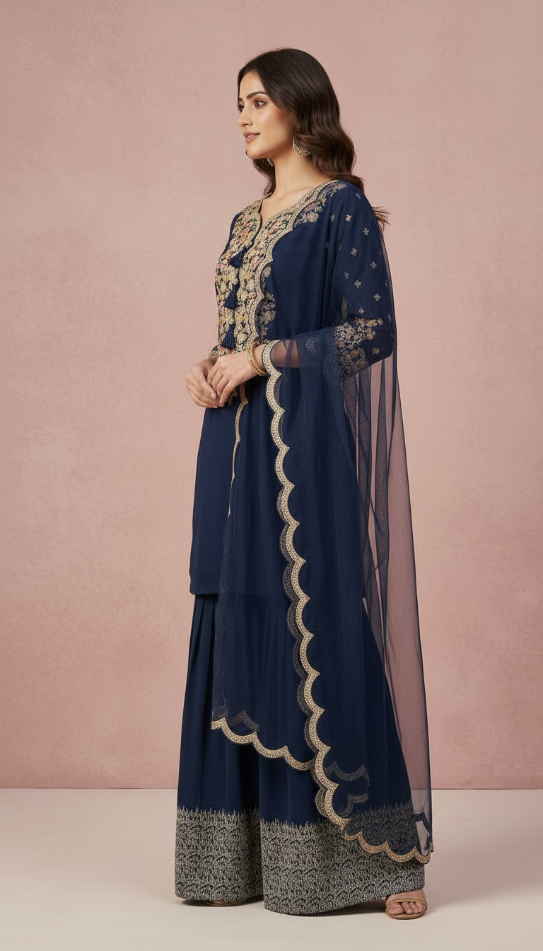 Partywear Embroidered Sharara Stitched Suit - Nevy Blue - 5596 / SD00121 view 2