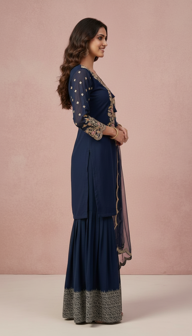 Partywear Embroidered Sharara Stitched Suit - Nevy Blue - 5596 / SD00121 view 3