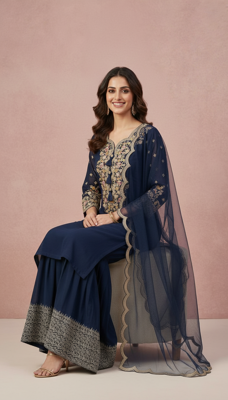 Partywear Embroidered Sharara Stitched Suit - Nevy Blue - 5596 / SD00121 view 5