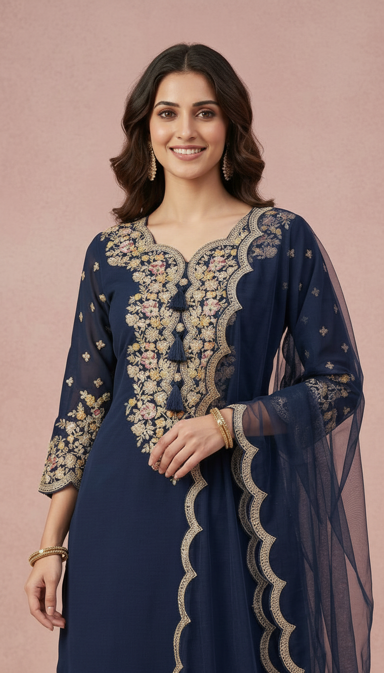 Partywear Embroidered Sharara Stitched Suit - Nevy Blue - 5596 / SD00121 view 4