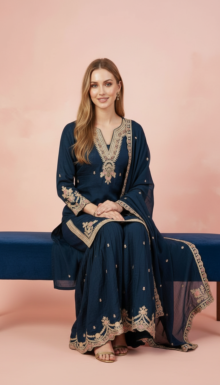 Embroidered Pure Chinon Sharara Stitched Suit - Pickcok Blue - L / SD00176 view 5