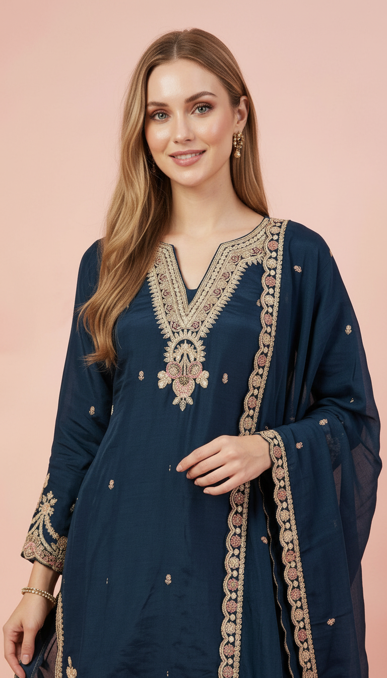 Embroidered Pure Chinon Sharara Stitched Suit - Pickcok Blue - L / SD00176 view 4