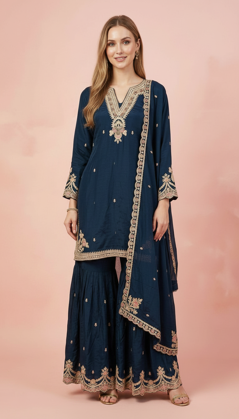 Embroidered Pure Chinon Sharara Stitched Suit - Pickcok Blue - L / SD00176 view 2