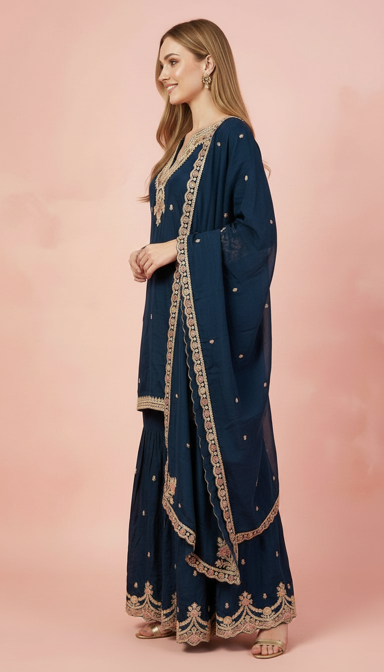 Embroidered Pure Chinon Sharara Stitched Suit - Pickcok Blue - L / SD00176 view 3