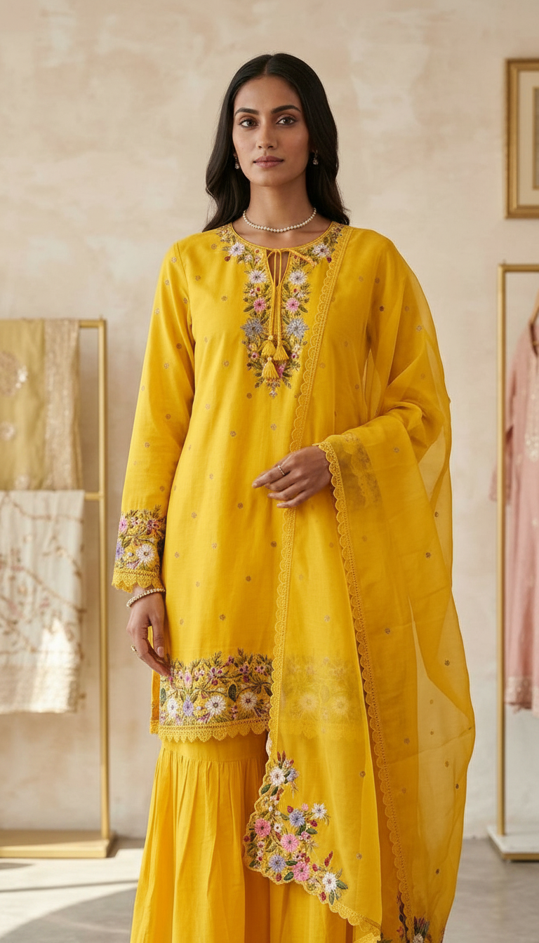 Embroidered tasser Silk Sharara Stitched Suit - 5501 / SD0095 view 4