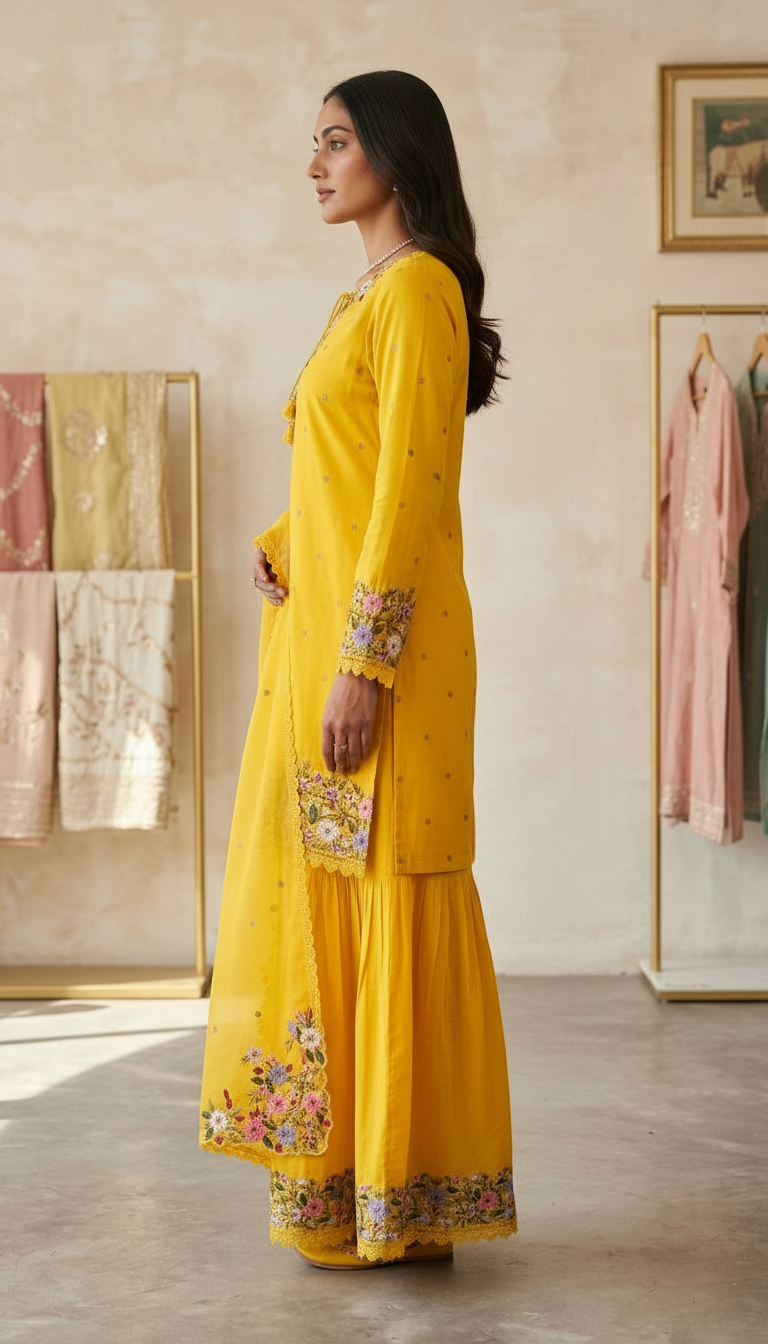 Embroidered tasser Silk Sharara Stitched Suit - 5501 / SD0095 view 3