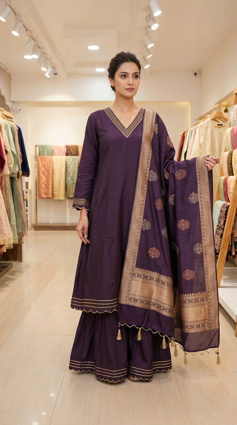 Cotton Silk Frock Sharara Stitched Suit - 5544 / SD0091 view 6