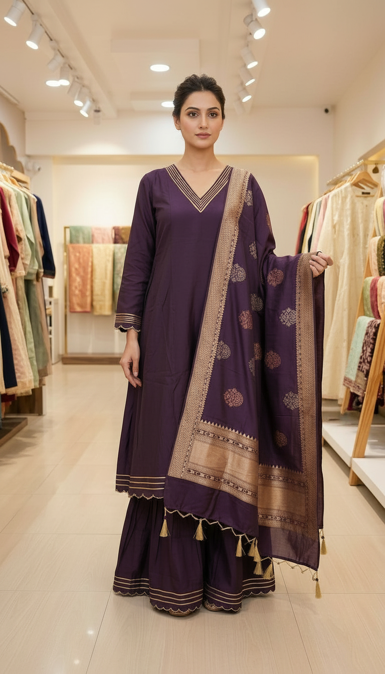 Cotton Silk Frock Sharara Stitched Suit - 5544 / SD0091 view 3