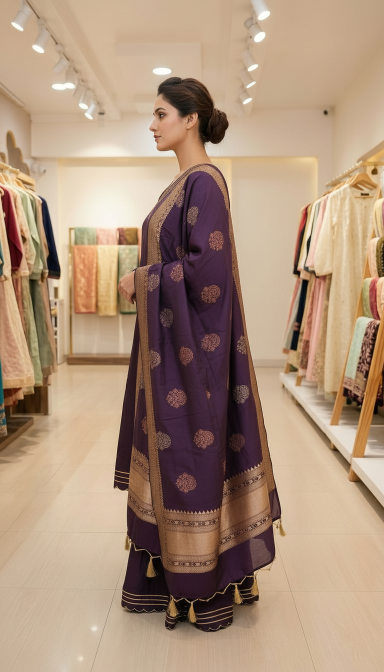 Cotton Silk Frock Sharara Stitched Suit - 5544 / SD0091 view 2