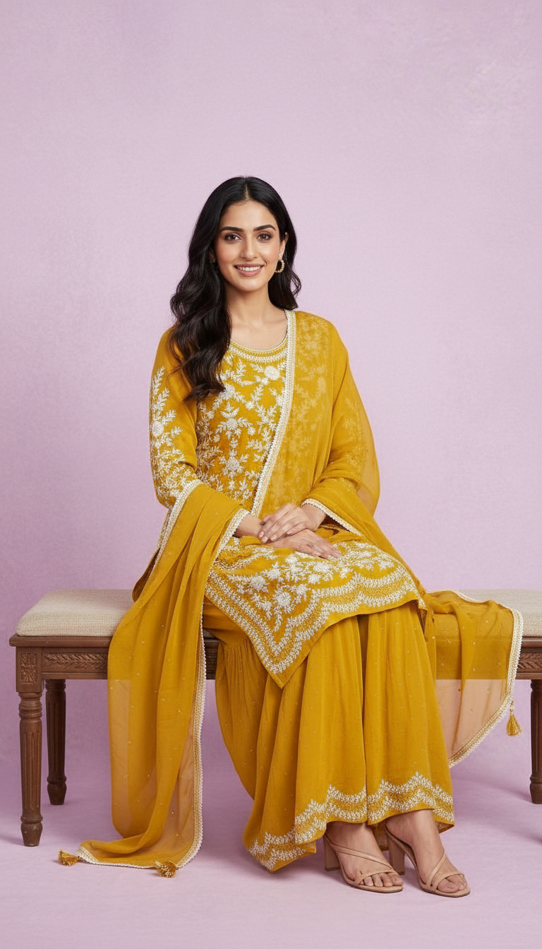 Thread Embroidered Work Chiffon Sharara Stitched Suit  6095 - C / HC00816 view 5