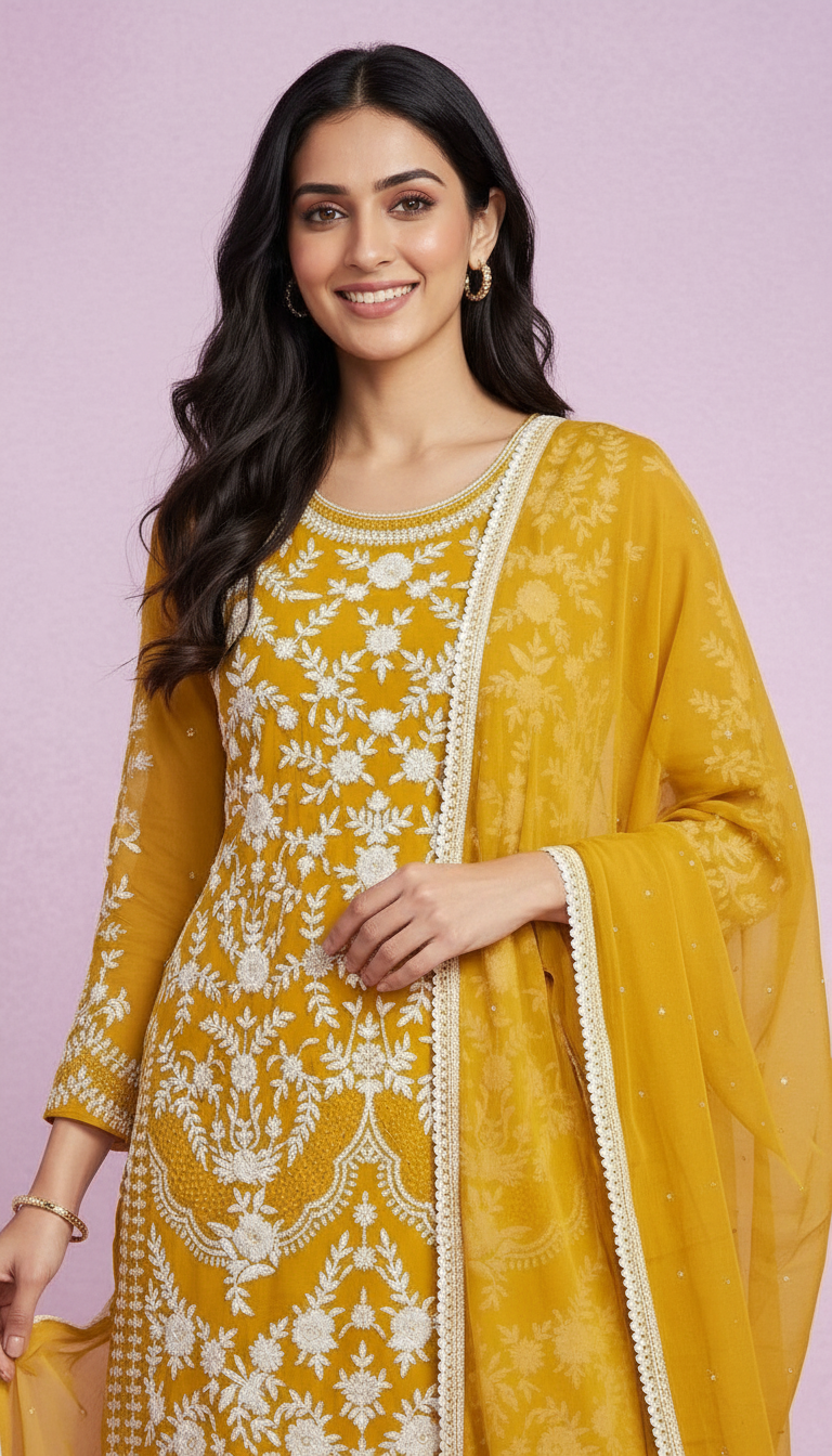 Thread Embroidered Work Chiffon Sharara Stitched Suit  6095 - C / HC00816 view 4
