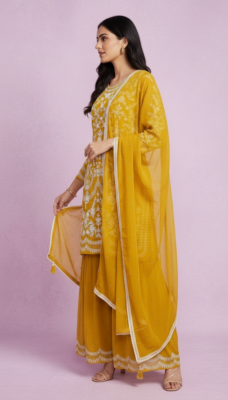 Thread Embroidered Work Chiffon Sharara Stitched Suit  6095 - C / HC00816 view 2