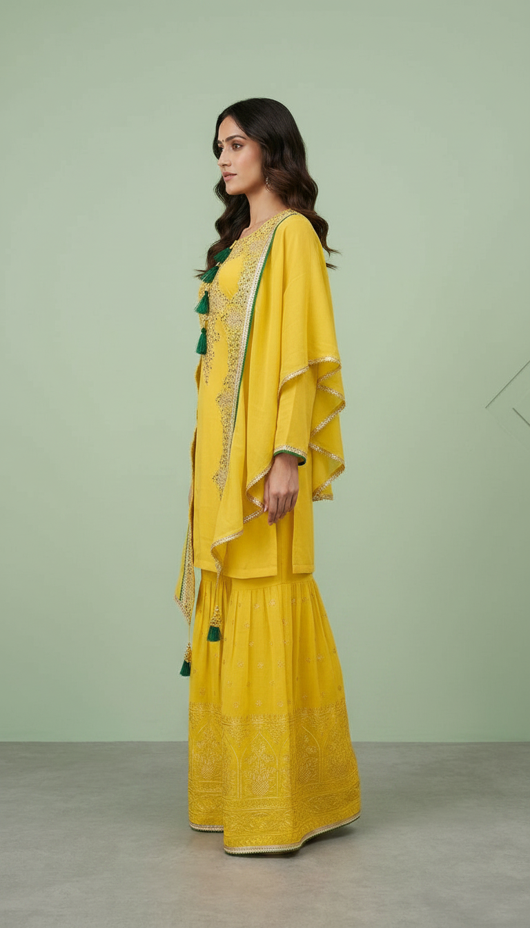 Pure Chinon  Embroidered Sharara Shrug Stitched Suit - 5595 / SD00121 view 2