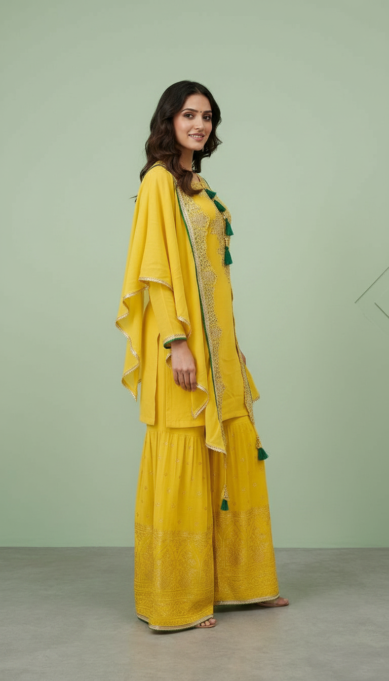 Pure Chinon  Embroidered Sharara Shrug Stitched Suit - 5595 / SD00121 view 3