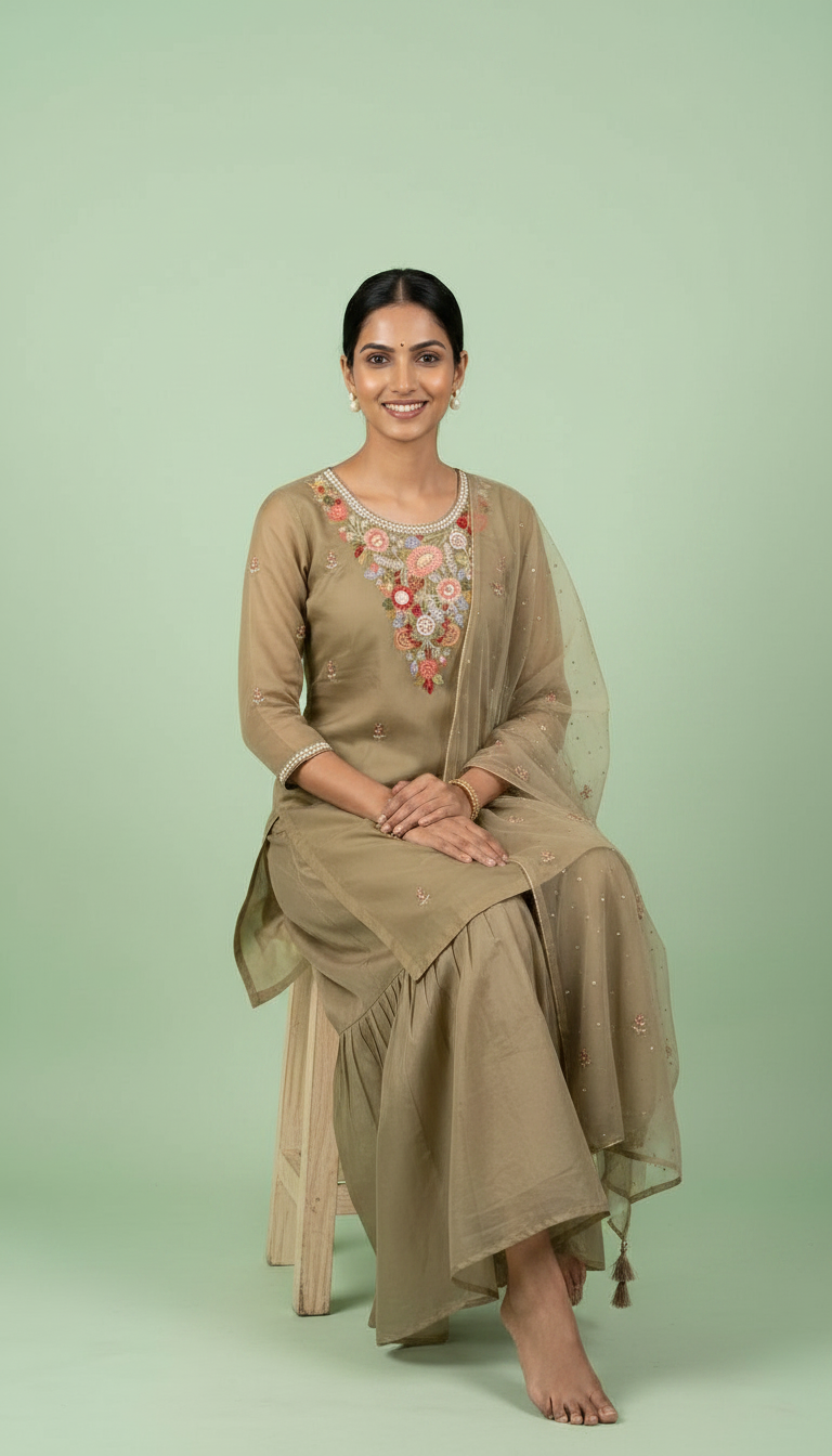 Pure Cotton Silk Dusty Golden Sharara Stitched Suit - 5414 / SD0049 view 5