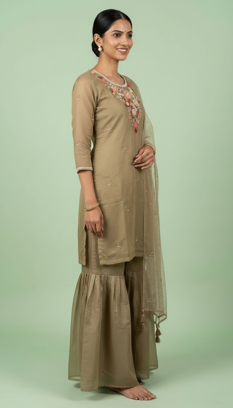 Pure Cotton Silk Dusty Golden Sharara Stitched Suit - 5414 / SD0049 view 3