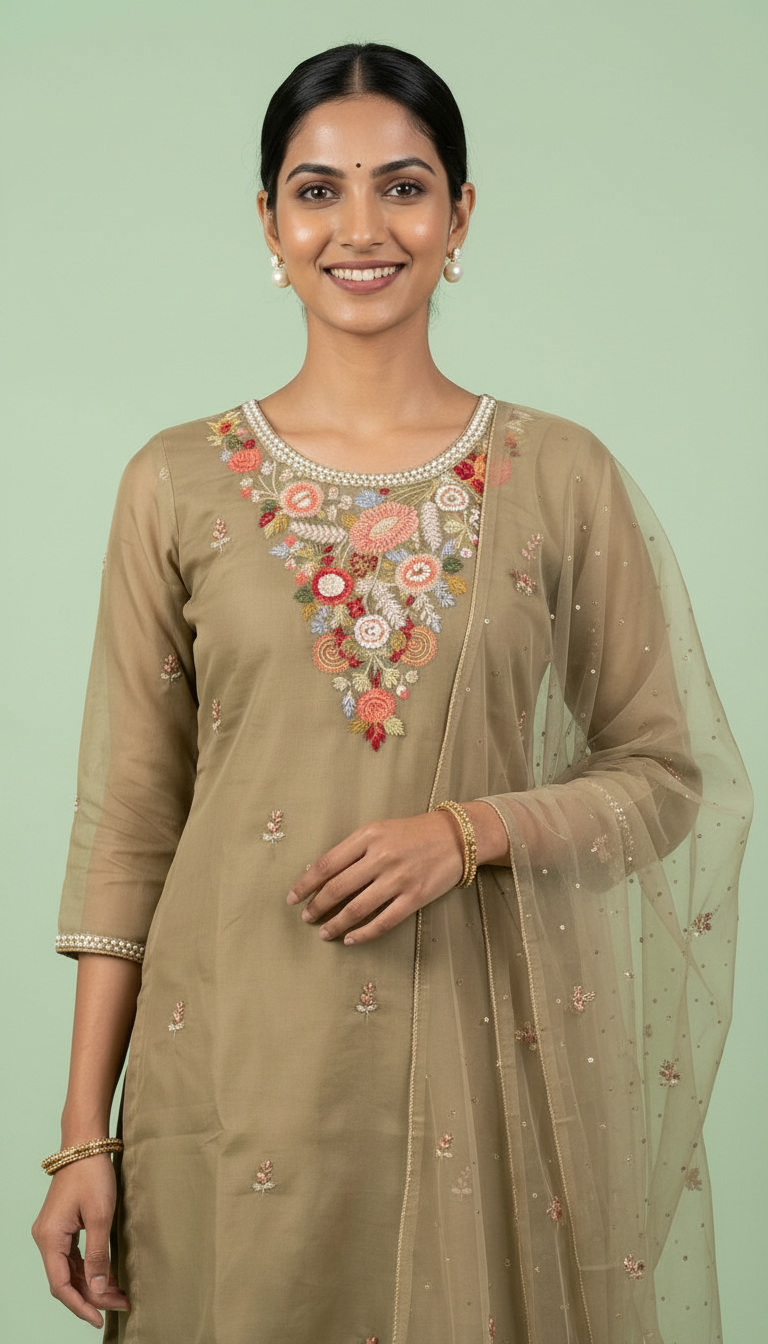 Pure Cotton Silk Dusty Golden Sharara Stitched Suit - 5414 / SD0049 view 4