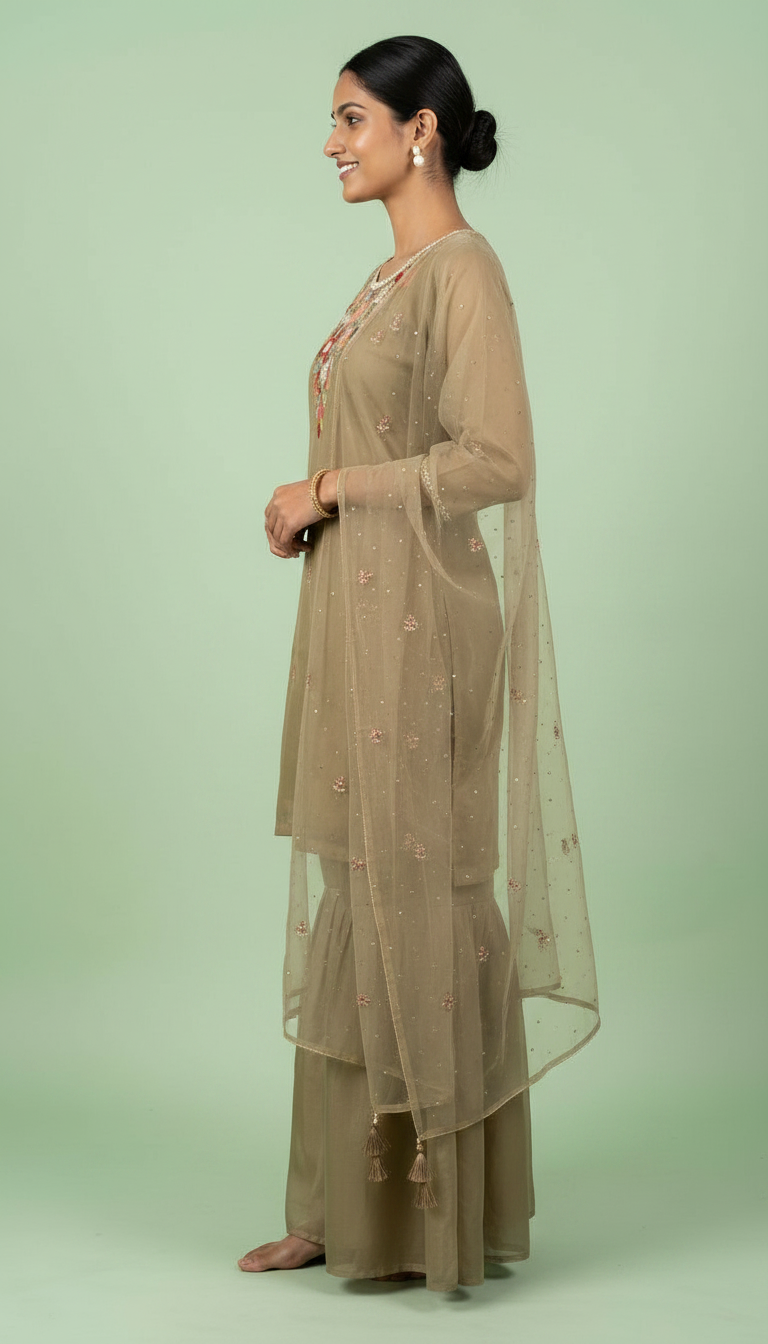 Pure Cotton Silk Dusty Golden Sharara Stitched Suit - 5414 / SD0049 view 2