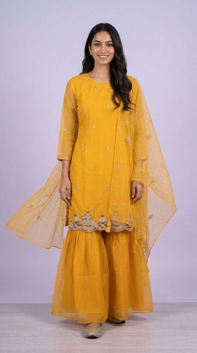 Plain Cotton Silk Yellow Sharara Stitched Suit - 5415 / SD0049 view 5