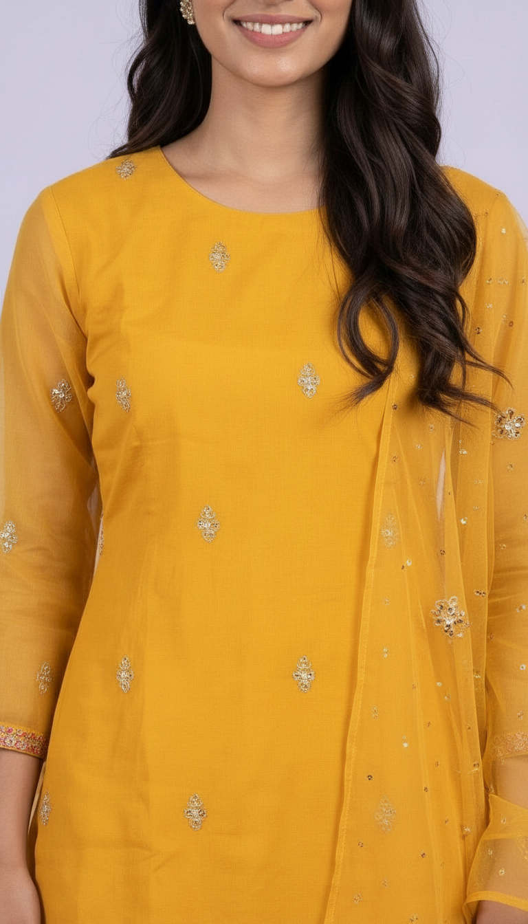 Plain Cotton Silk Yellow Sharara Stitched Suit - 5415 / SD0049 view 3