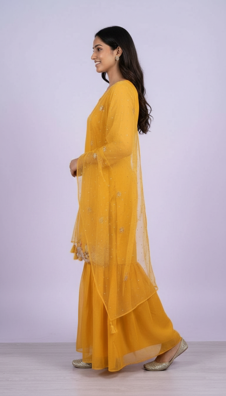 Plain Cotton Silk Yellow Sharara Stitched Suit - 5415 / SD0049 view 2