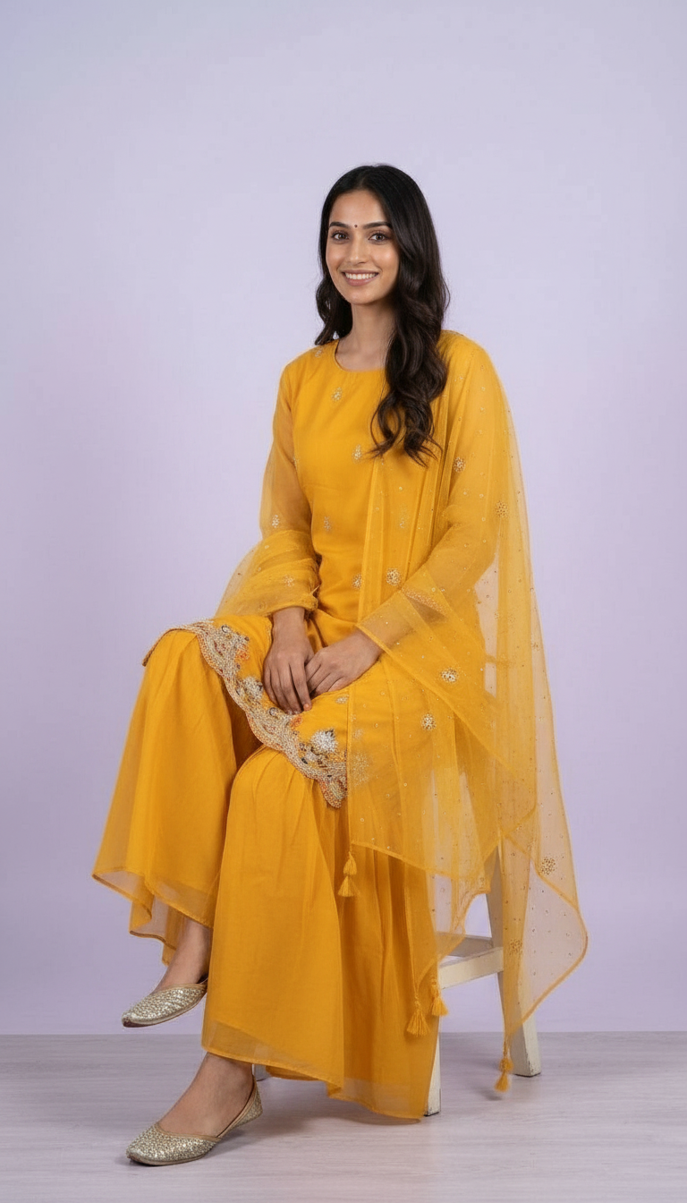 Plain Cotton Silk Yellow Sharara Stitched Suit - 5415 / SD0049 view 4