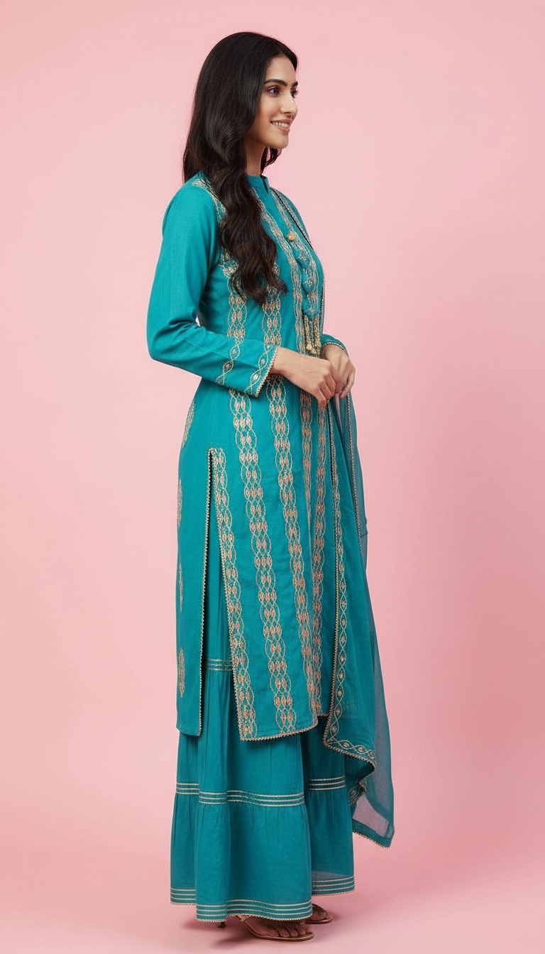 Pure Chinon Embroidered Gota Patti Sharara Stitched Suit - Rama Green / HC001673 view 3
