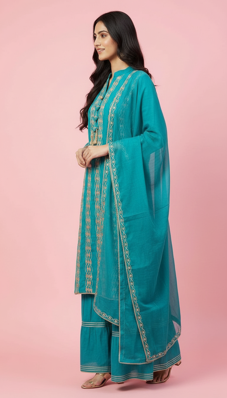 Pure Chinon Embroidered Gota Patti Sharara Stitched Suit - Rama Green / HC001673 view 2